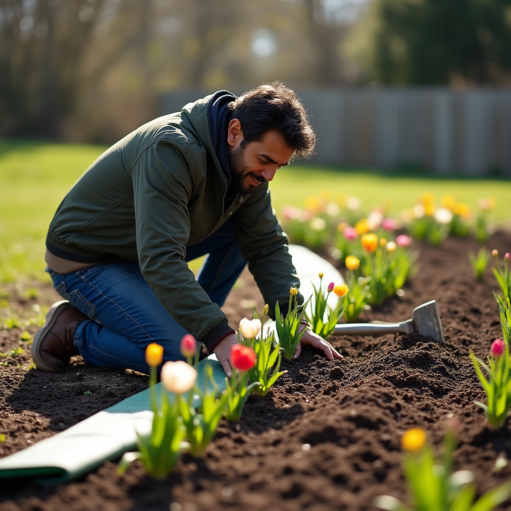 Plantare de flori de sezon într-un strat de grădină primăvara